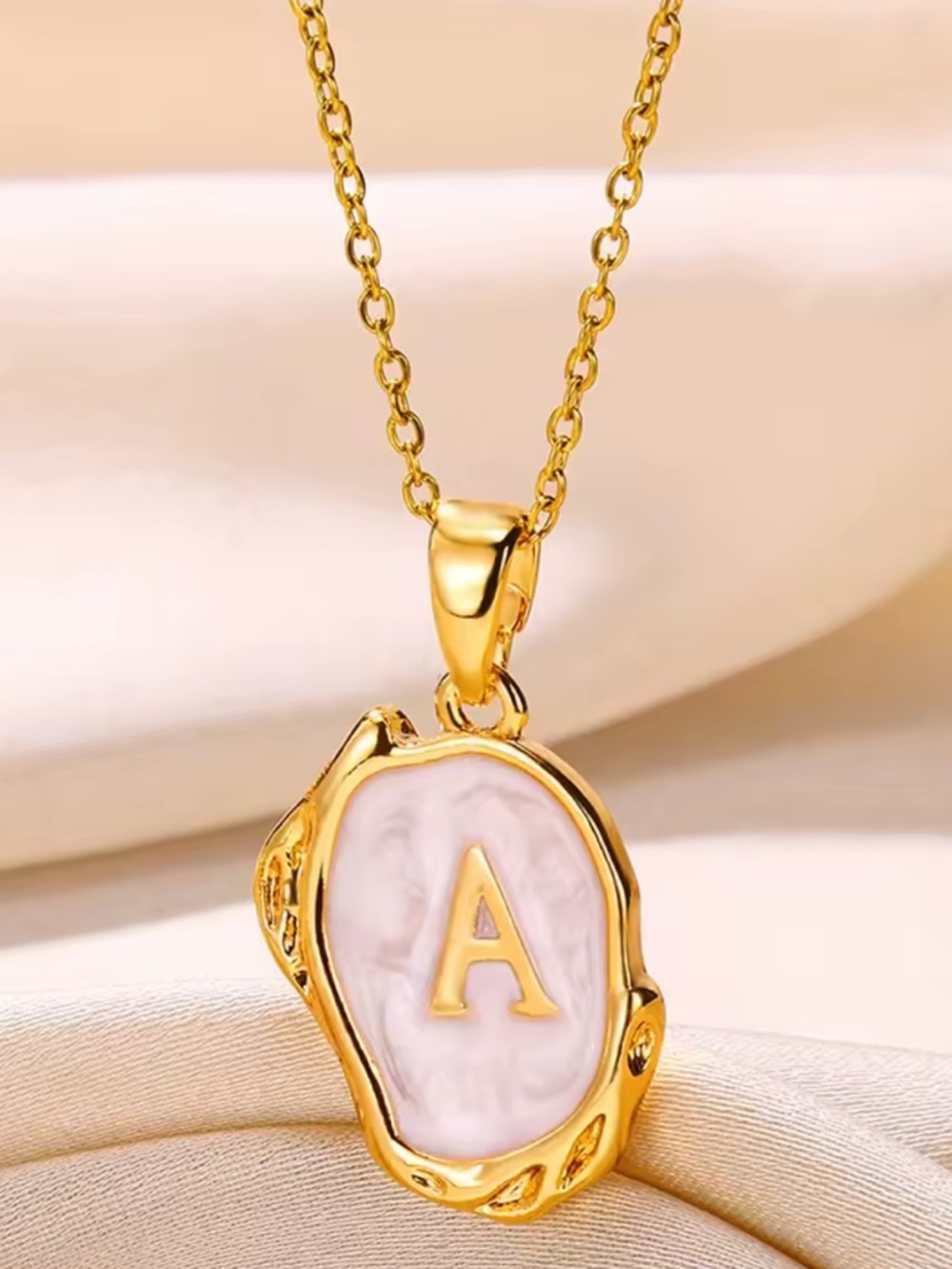 Gold Initial 'A' Pendant Necklace with Pink Enamel Accent